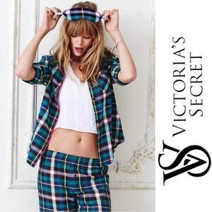 Victoria's Secret | Blue Green Plaid Long Sleeve Pocket Pajama Top | Size Small